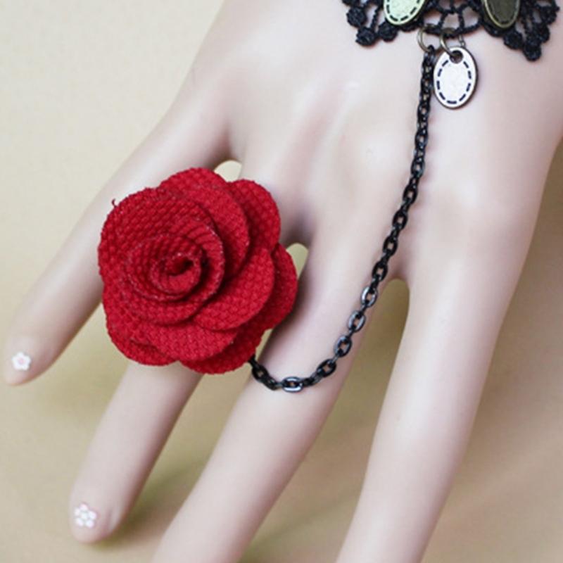 Rose Lace Hand Chain Ring Bracelet Chain Tassel Coins Finger Bracelet Sweet Hand Jewelry for Women and Girls Gifts