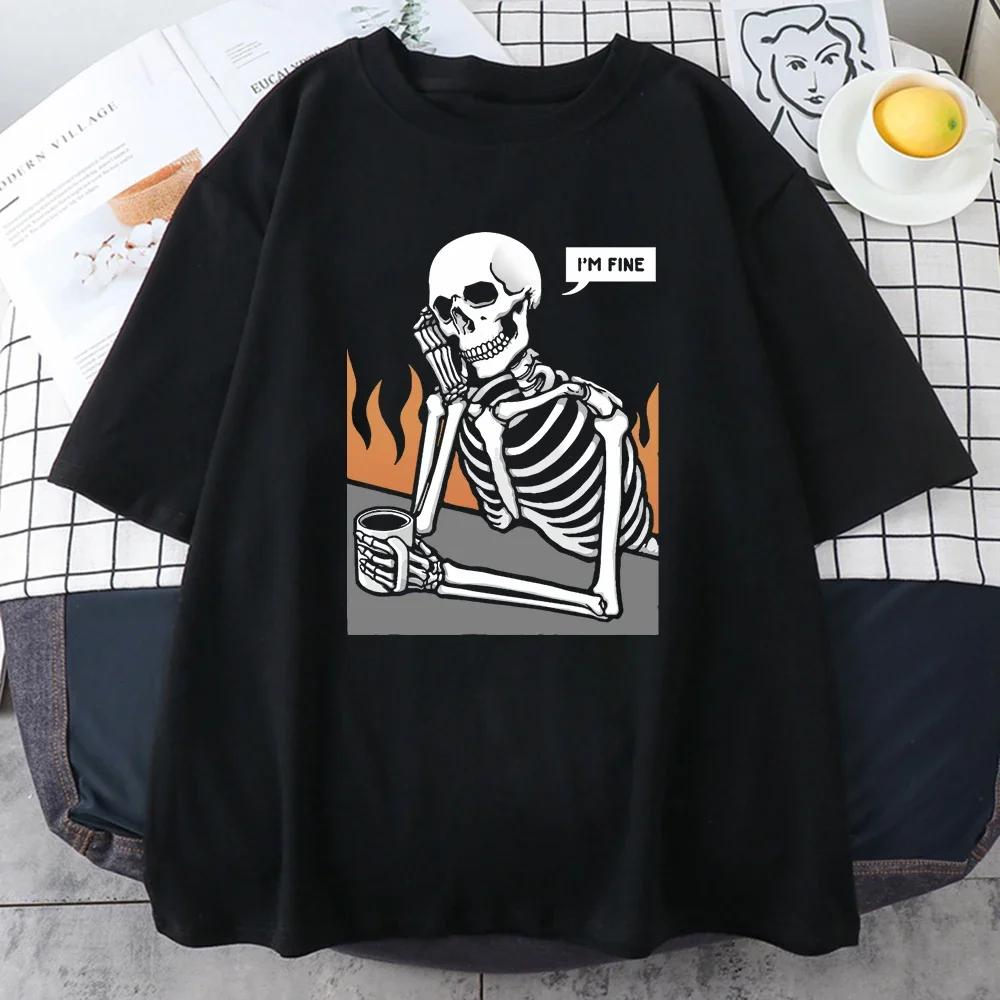 Skeletons In Meditation and Keep Alone Prints Mans Cotton Short Sleeve Personality Street Hip Hop Clothing Casual Men T-Shirts