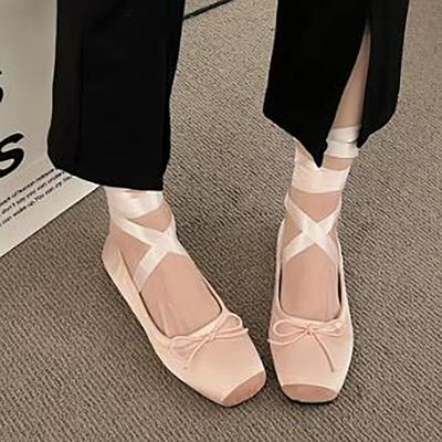Schnürband Bein Satin Seide Ballerinas Damen Eckige Zehen Schleife Elastische Ballerinas Damen Hochzeit Blumenschuhe