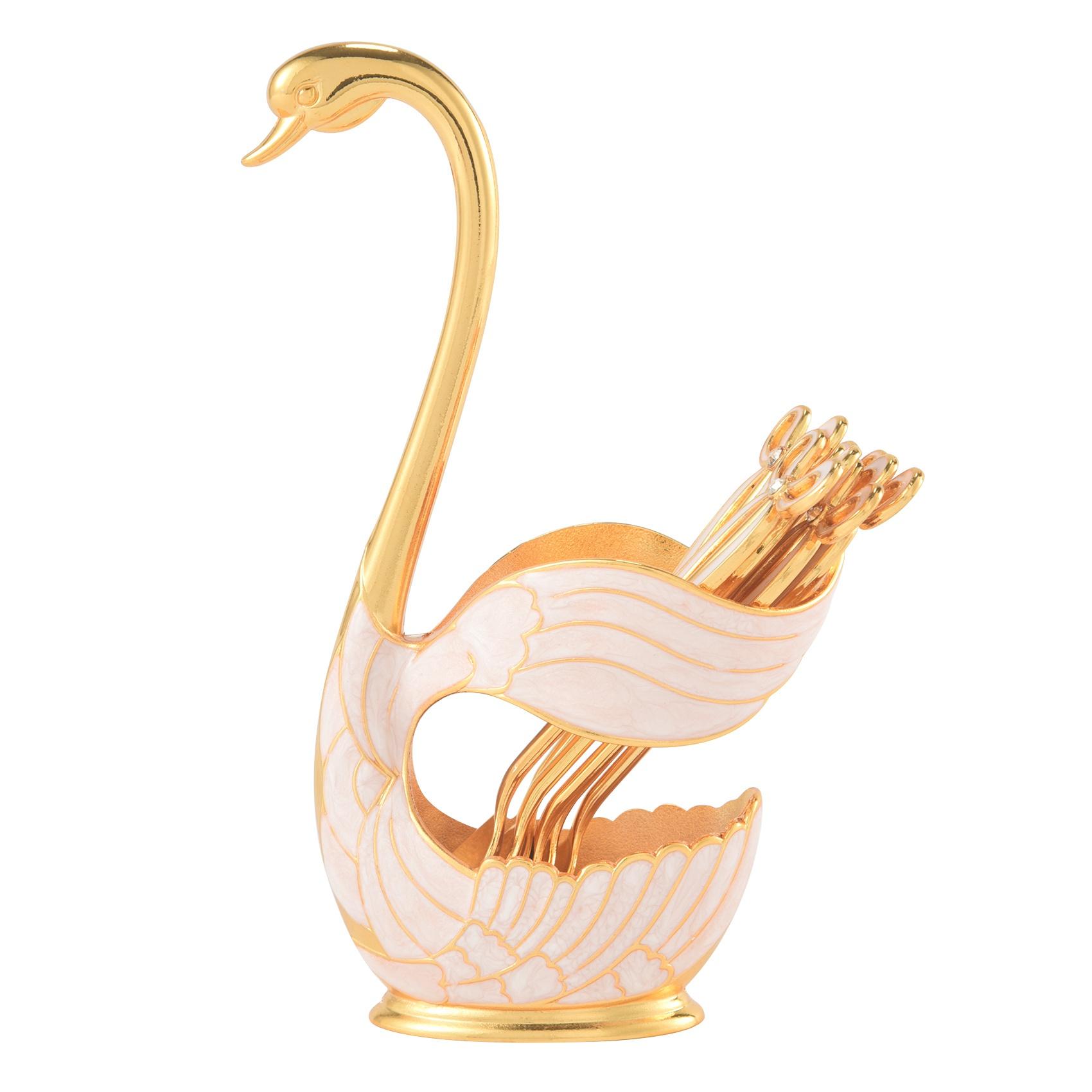 

Dinnerware Set,Zinc Alloy Fruit Cake Fork Coffee Tea Spoon Swan Holder Cutlery Set 1Xswan Holder+ 6Xspoons золотистый