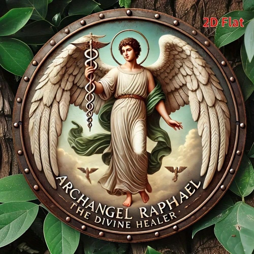 

Aluminum Archangel Raphael Metal Wall Art Circular Rustic Healing Plaque 20x20