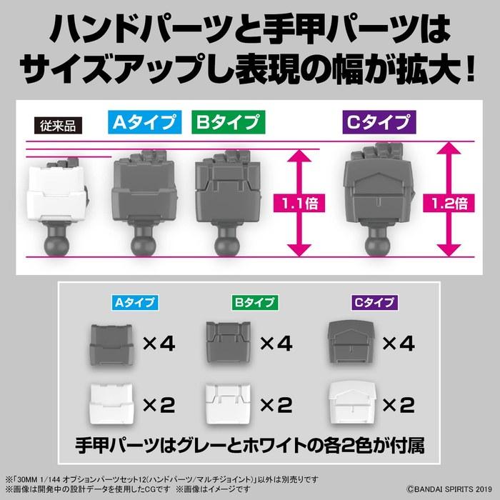 BANDAI SPIRITS 30MM Option Parts Set 12 (Hand Parts/Multi-Joint) 1/144 Scale Pre-Colored Plastic Model - Gray, White.