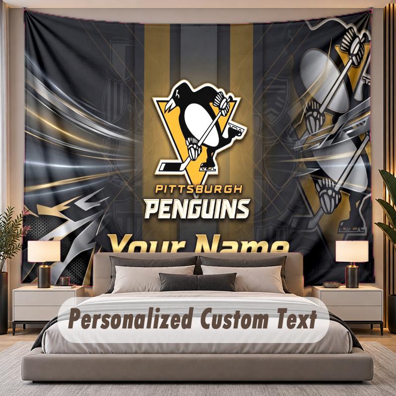 Custom Name Text Tapestry Pittsburgh Penguins Personalized Polyester Wall Tapestry For Bedroom And Room