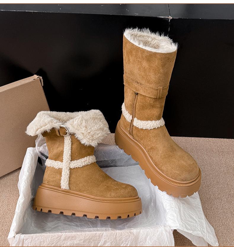Two wear foldable warm snow boots for women 2025 winter new velvet thickened muffin belt buckle high cotton shoes