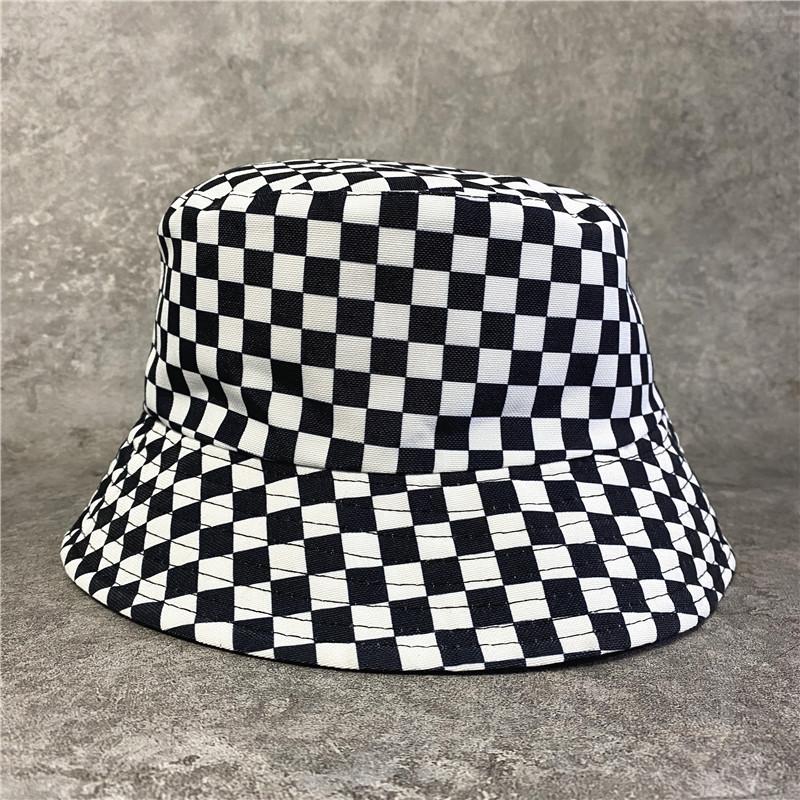 Chessboard Hat Plaid Sun Protection Bucket Hat Trendy Brand Female Hip Hop Street Black and White Folding Sun Hat