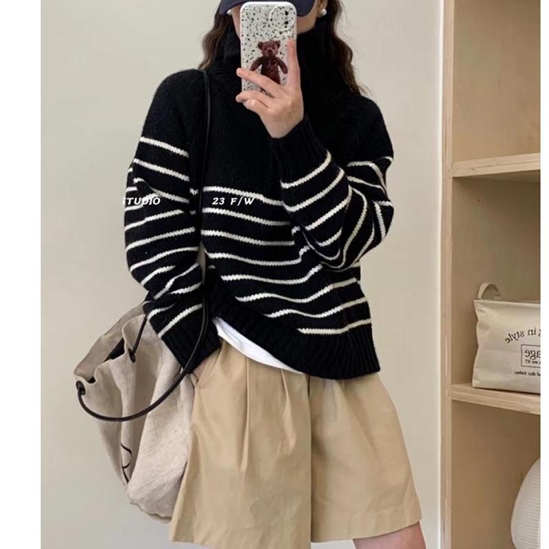 New Loose Casual Knitted Pullover Striped Women Sweater Autumn/Winter Half Zipper Fashion Korean Long Sleeve Short Top Office Knitwear Simple Clothing