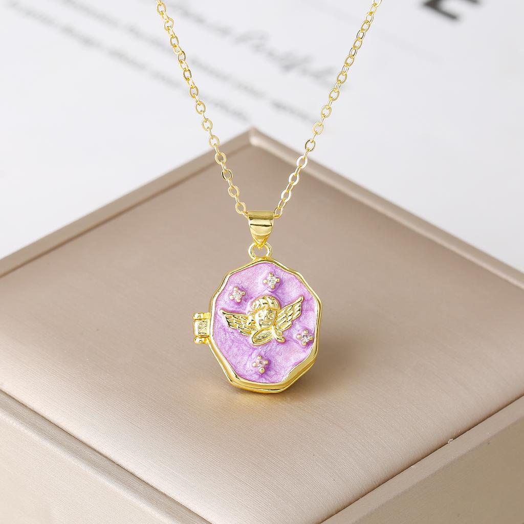 4 Colors Enamel Angel Opening and Closing Album Box Necklace Pet Photo Frame Necklace Women's Art Retro Collar Chain