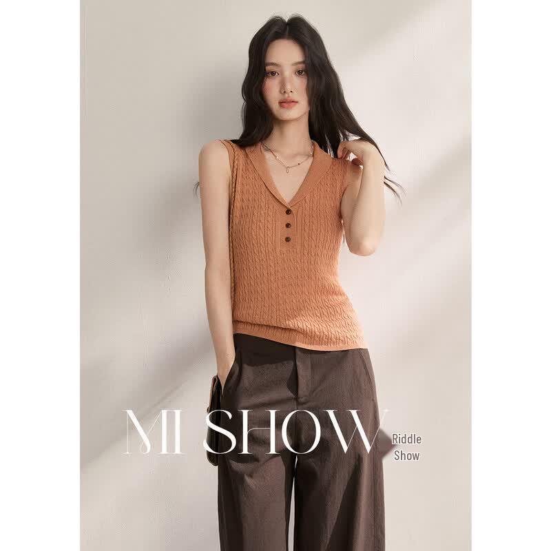 Meixiu Retro Cable Knit V-Neck Vest Top M