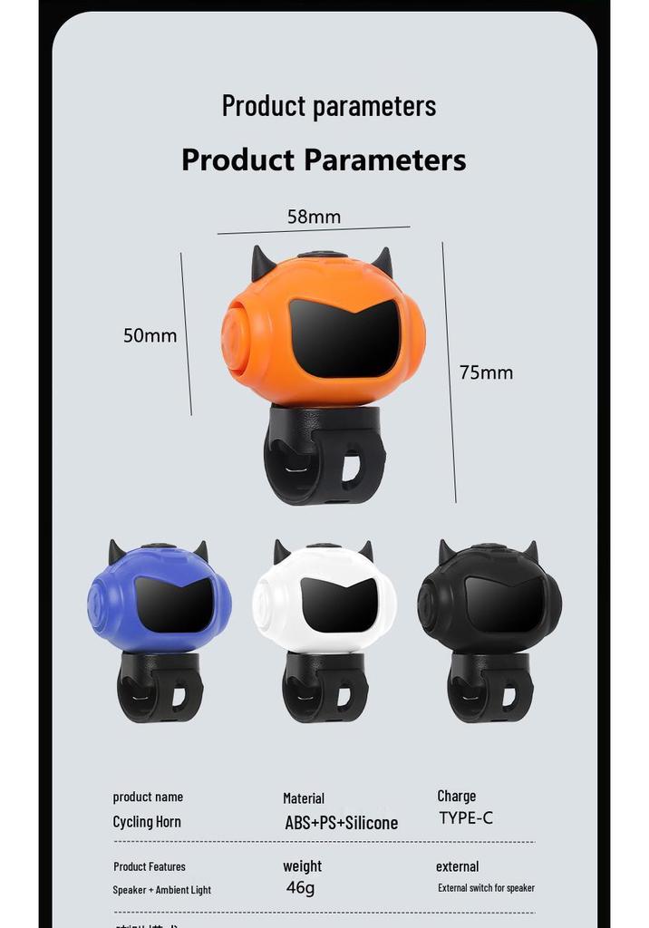 Loud Electric Bike Horn with Tri-Color Lights, USB-C Charging, Universal Fit, Night Warning Lamp