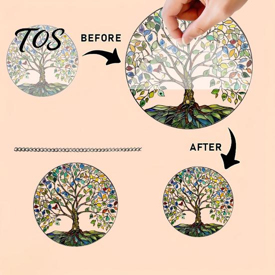 Round Hanging Ornament Tree of Life Sign, Stained Glass Acrylic Suncatcher Sun Resistant Decoration, Window Wall for Indoor Outdoor Decoration