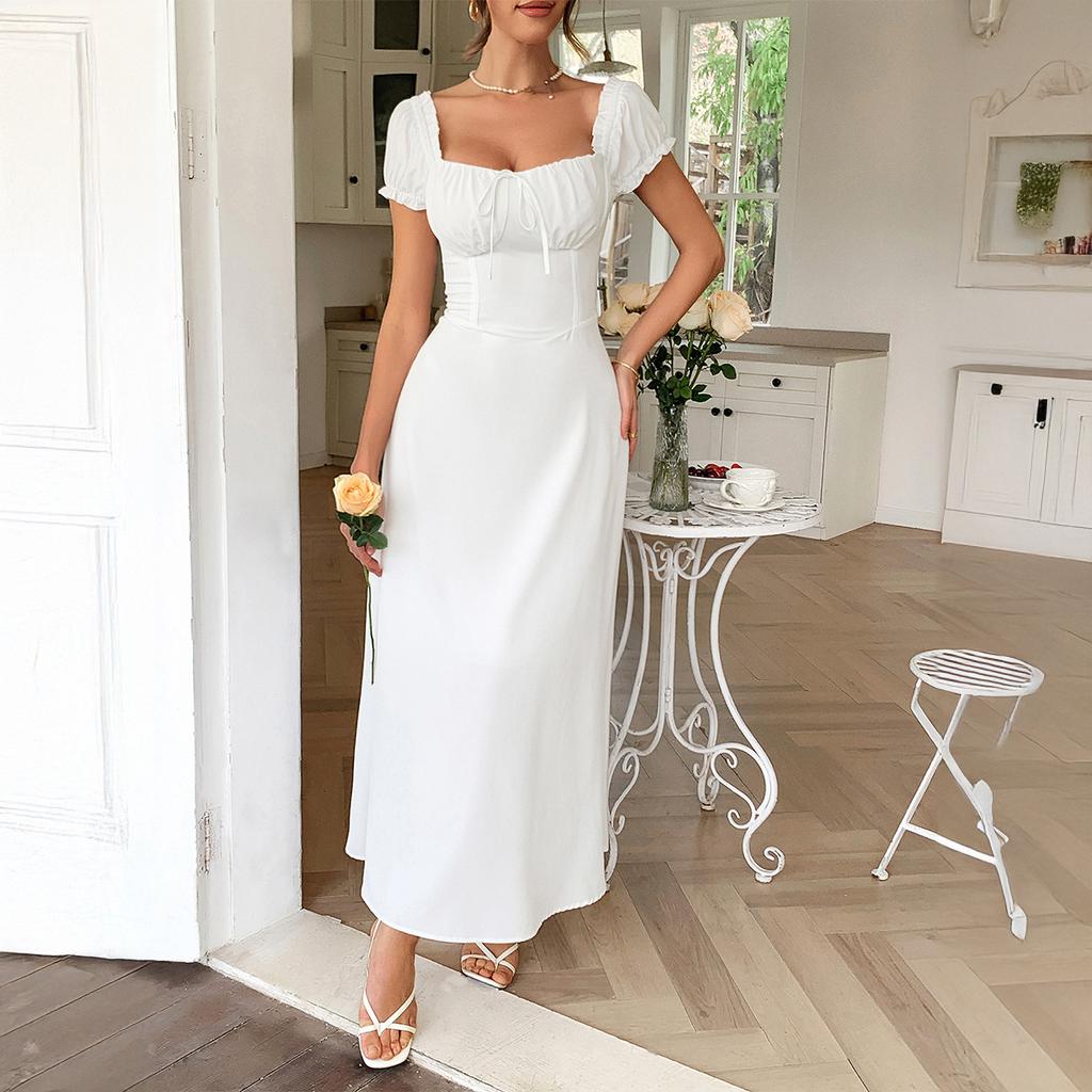 Elegant and Refined Short-sleeved One-shoulder Long Dress for Women's Spring and Summer