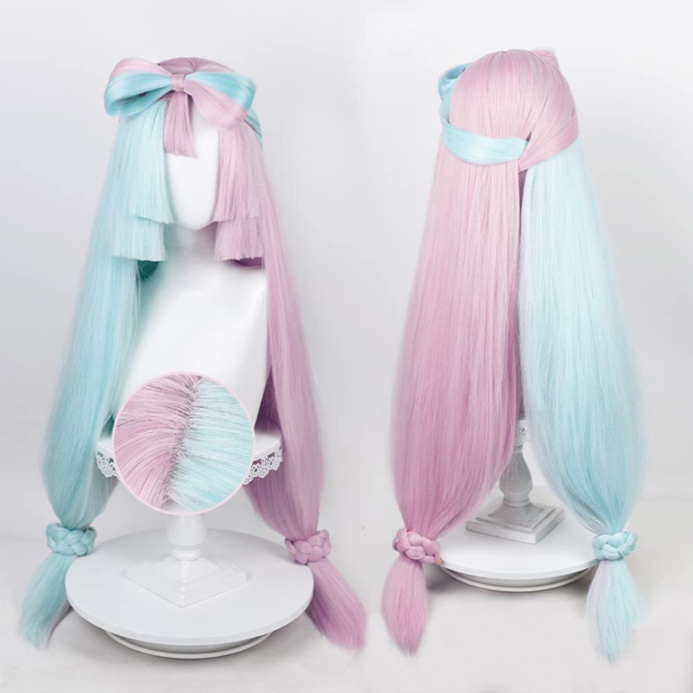 Cosplay wig with net, long, green and pink, heat-resistant wig