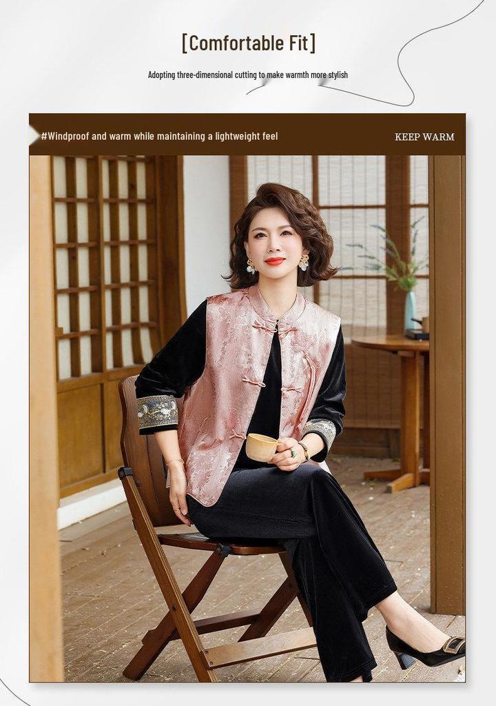 Elegant Mother's Set: Chinese-Style Spring Vest Jacket & Velvet Shirt for Middle-Aged Women