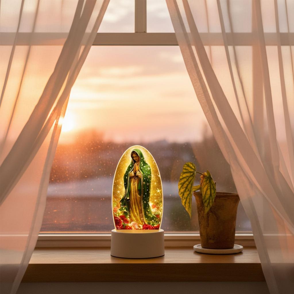 Guadalupe Virgin Prayer Lamp with Base Collectible Ornament LED Catholic Table Lamp USB Powered for Believers Mom Women Gifts