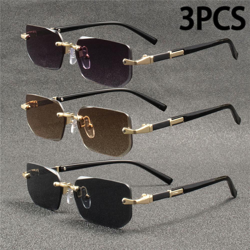 3PCS Rimless Sunglasses Rectangle Fashion Popular Women Men Shades Small Square Sun Glasses For Female Male Summer Traveling