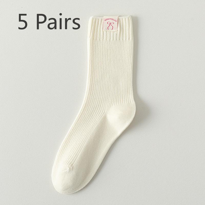 5 Pairs Socks Autumn Women's Cream Double Needle Thickened Pile Socks Bowknot Cloth Label Tide Socks