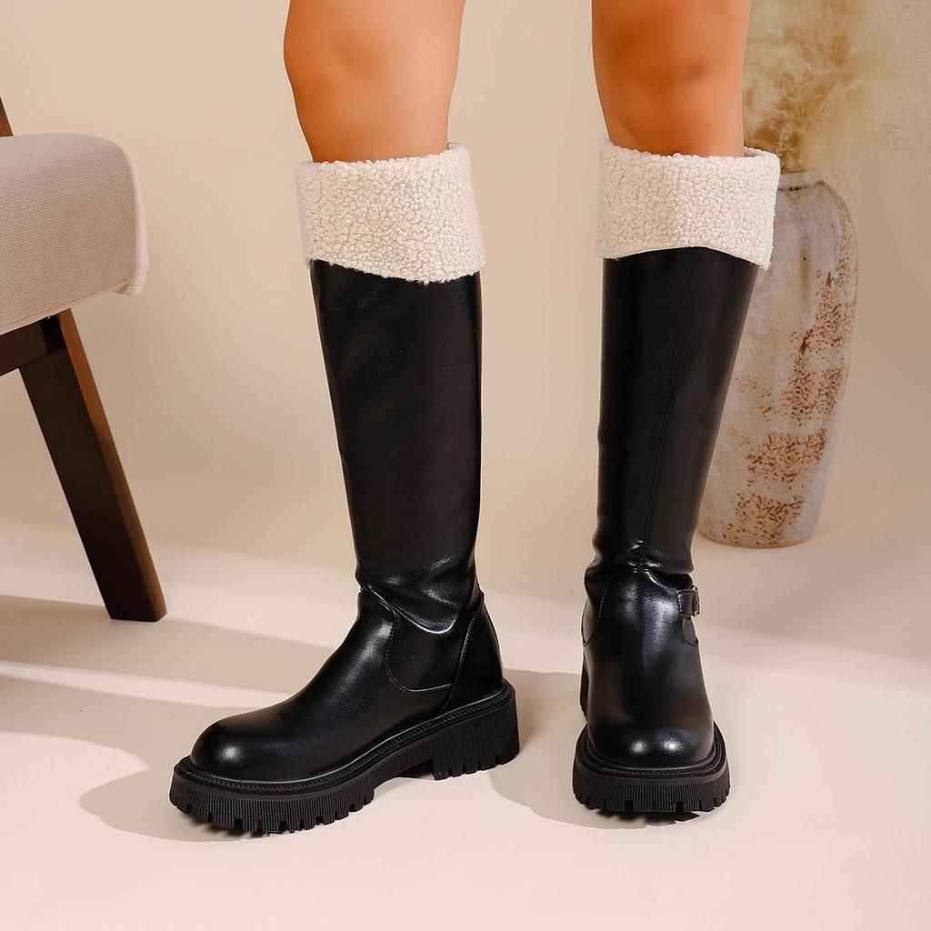 British Style Platform Chunky Shearling Knee-High Long Boots 2026 Winter New Plus Size 35-43 Belt Buckle Riding Boots for Women