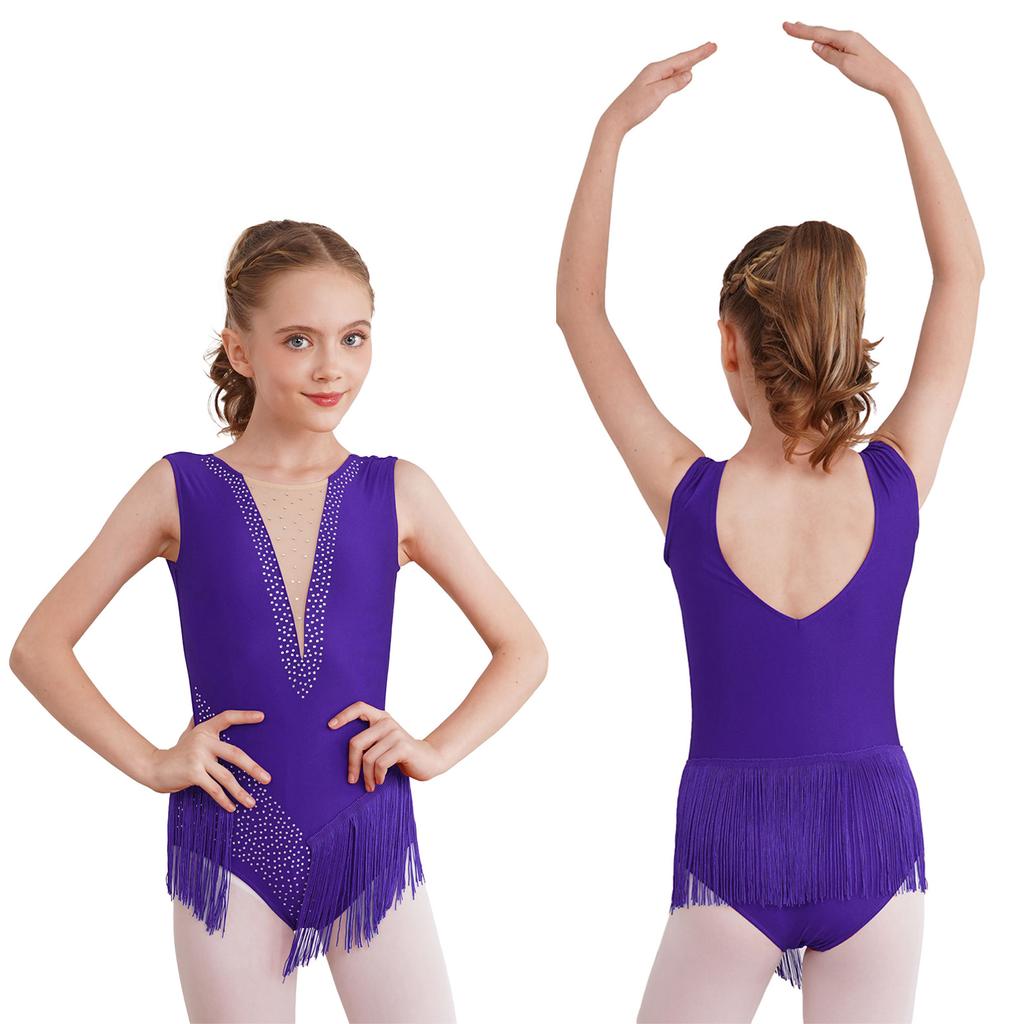 Kids Girls Ballet Latin Dance Leotards Figure Skating Performance Costume Shiny Rhinestone Tassel Gymnastics Bodysuit Dancewear