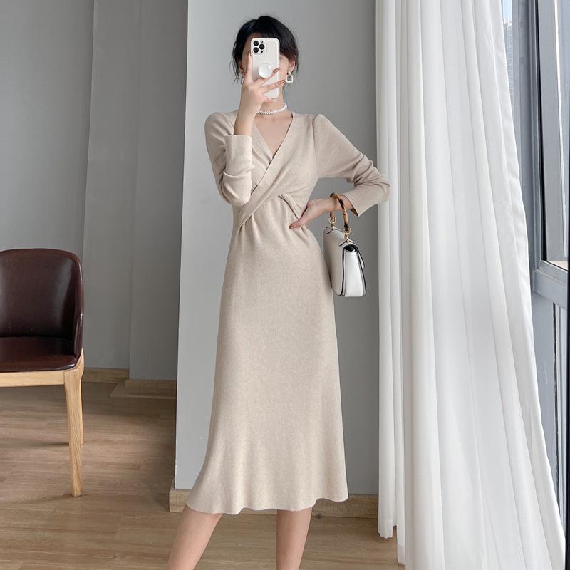 

Элегантное шерстяное платье-пальто для осени/зимы - Длинный, женственный вязаный стиль Small абрикосовый