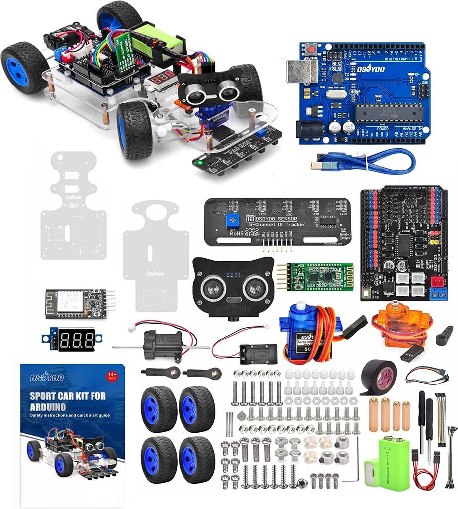 OSOYOO Arduino UNO Robot Car Smart Car Kit with Servo Steering DIY and Computer Programming Rack, Kit, Bluetooth, Wi-Fi, IOT, Autodrive, C++,