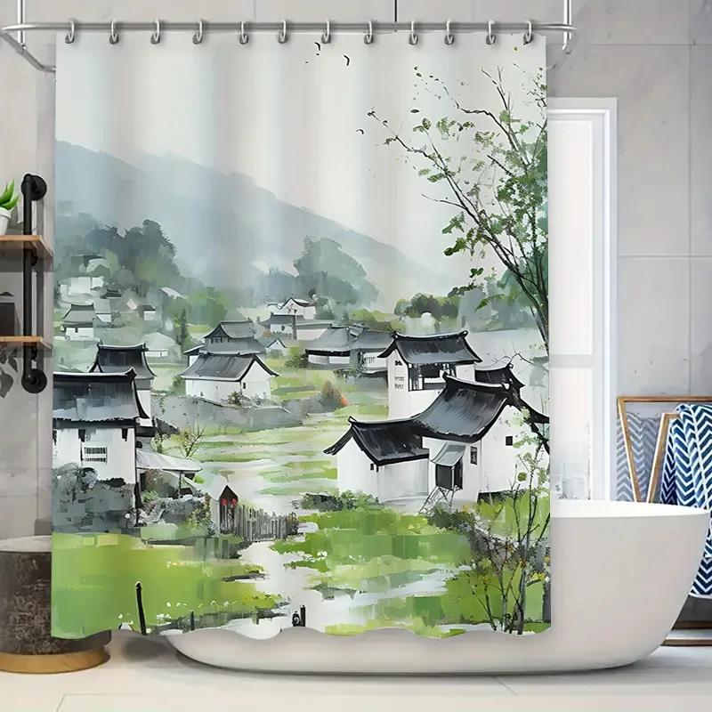

Landscape Shower Curtain with Traditional Chinese Village Artwork - Watercolor Painting of Serene Countryside Life Waterproof W90xH180cm