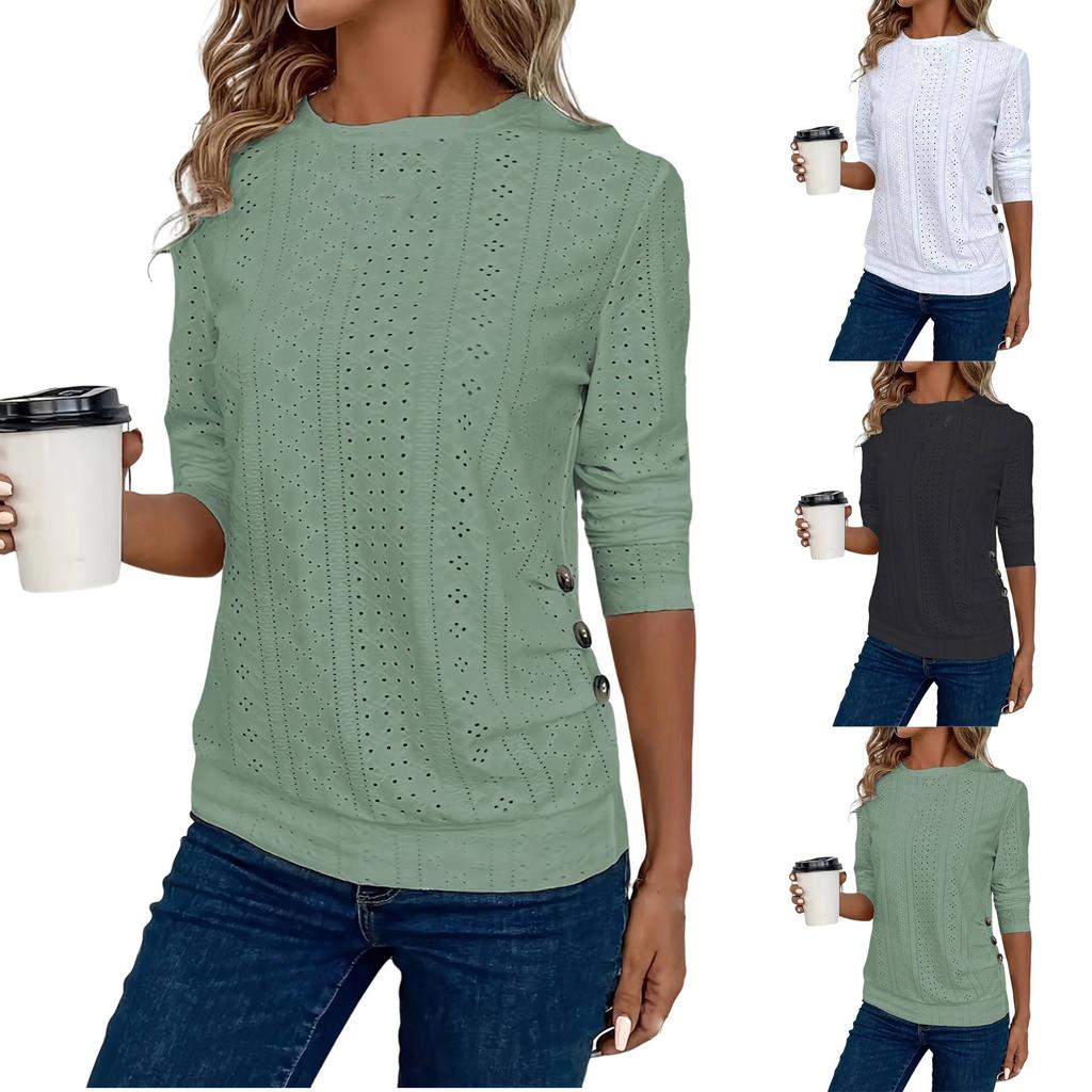 Women's Casual Solid Color Hollow-out Buttons Decorated Round Neck T-shirt Top