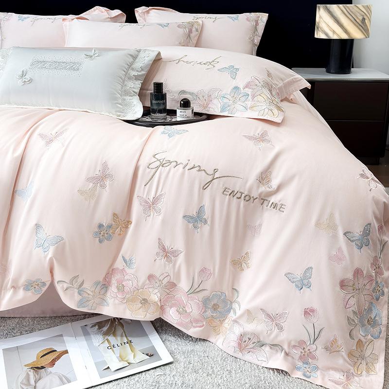 Class A Maternal And Infant Grade 240 Long-Staple Cotton4-Pcs Set Of Pure Cotton Satin Embroidered Quilt Cover, Bed Sheet Skin-Friendly Mattress