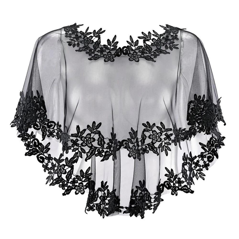Casual O-Neck Lace Short Sleeve Bridal Wedding Elegant Women Cape Summer Black Applique Tulle Evening Prom Cape Cosplay Shawl