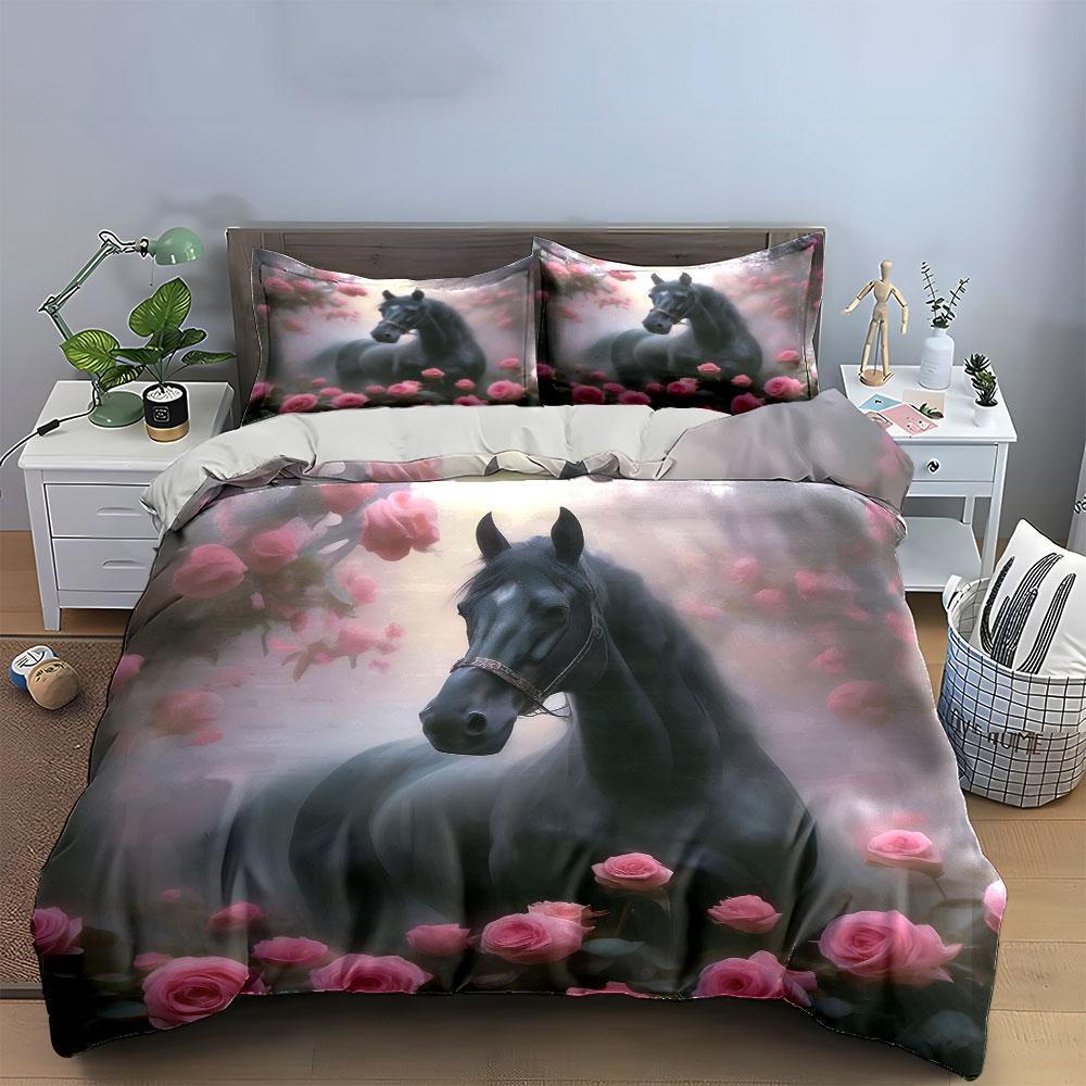 "Elegant Horse Rose Decor Set" Bedding Set with 1 Duvet Cover 2 Pillowcases Single Double King Queen Gift