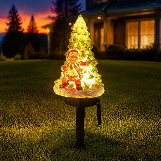 Christmas Tree Ornament for Garden Solar Light, Santa Resin Yard Stake Decor with Craft Decorations Patio Warm Glow, Waterproof Outdoor Lawn