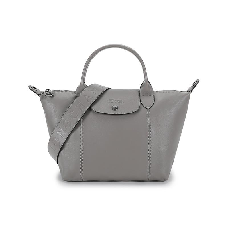 Longchamp Le Pliage Cuir 25 Short Handle Foldable Lambskin Crossbody Tote Bag Small Women Handbags Dove-Grey 1512757P55