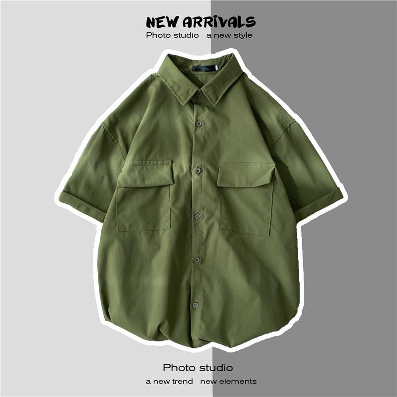 

Мужская повседневная рубашка в гонконгском стиле с коротким рукавом и двойными карманами M зелёный