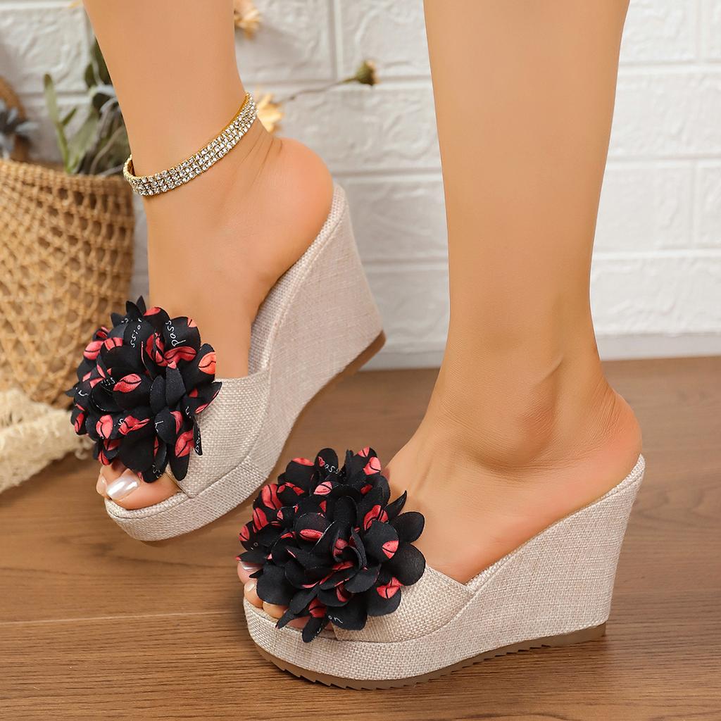 Mode Damen Keilsandalen Sommer Strand Plateau Schuhe Blume Rundköpfig Einfarbig Damen High Heel Sandalen Sandalias De Mujer