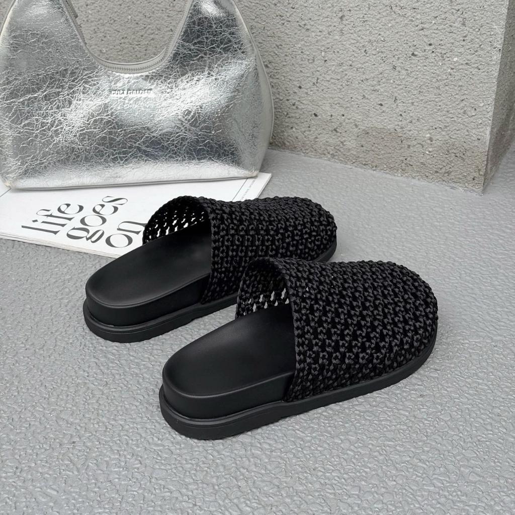 Woven hollowed-out baotou half slippers for women to wear summer new seaside beach thick-bottomed fishing net cool slippers