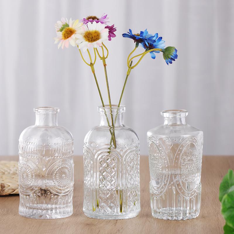 Embossed Glass Vase for Fresh or Dried Flowers - Home Hydroponics Decor