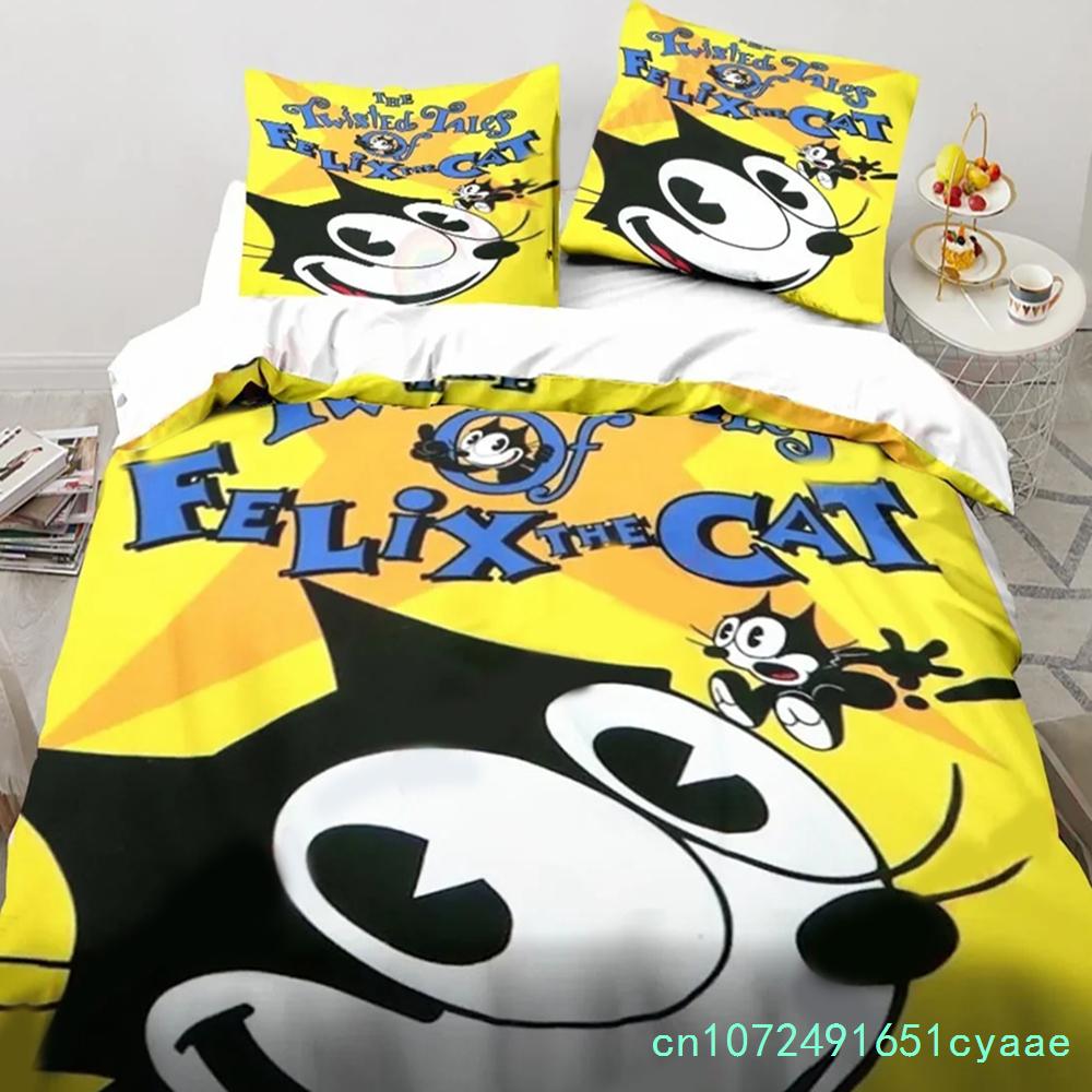 Carino Set Biancheria da Letto Cartone Animato Gatto F-Felix, Copripiumino Coperta Set Letto Copripiumino Federa, Dimensioni King Queen Twin Bambini Bambine Adulti