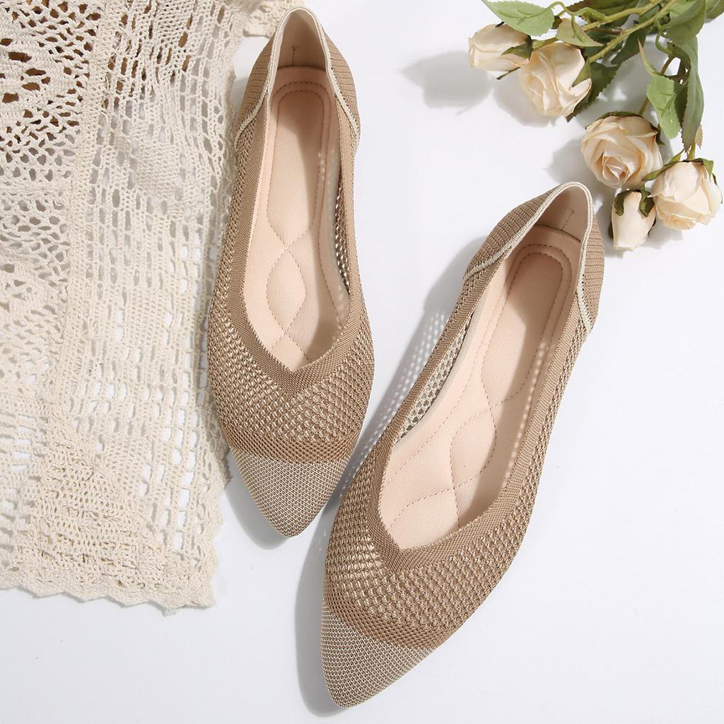 Foreign Trade New Large Size Fly-woven Hollow Flat-bottomed Four-season Single Shoes Women's Pointed Breathable Mesh Shallow Mouth Work Shoes