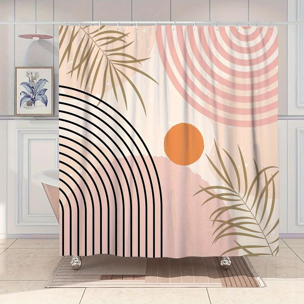 Elegant Modern Geometric and Palm Leaf Design Waterproof Shower Curtain – Perfect for Adding a Stylish and Contemporary