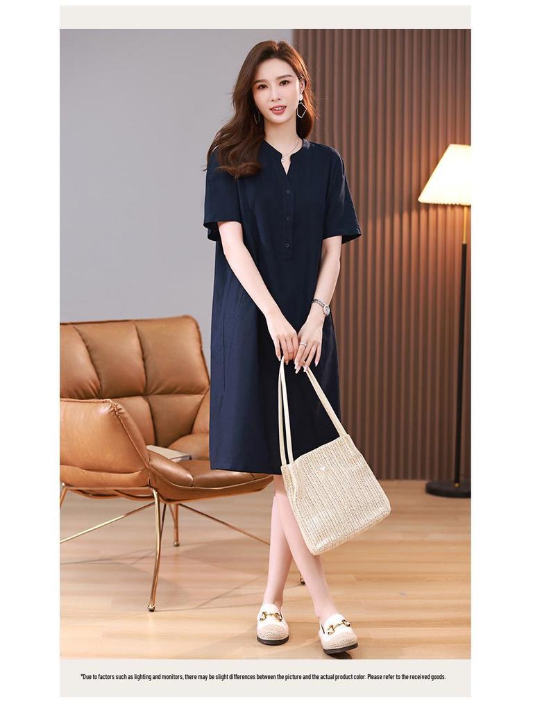 Plus Size Mid-Length Summer 2025 Cotton-Linen Dress for Women - Fashionable, Age-Reducing Style for Middle-Aged Mothers