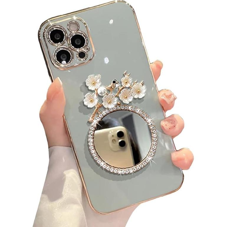 Compatible with iPhone Case,Glitter Diamond Mirror Makeup Bling Flower Floral Electroplated Bumper Camera Lens Protection Soft Shockproof Cover Phone