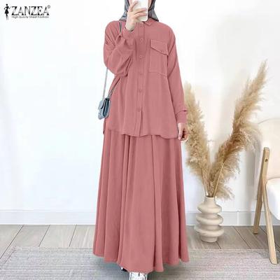 Blouse à Manches Longues et Jupes pour Femmes Ensembles Musulmans Décontractés Deux Pièces