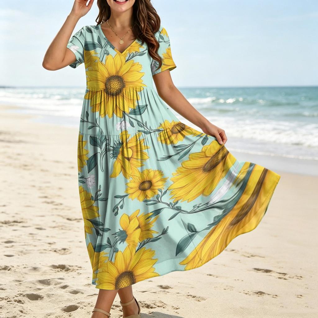 Frauen Casual Lose Bohemian Blumenkleid Kurzarm Lange Maxi Sommer Strand Swing Kleid
