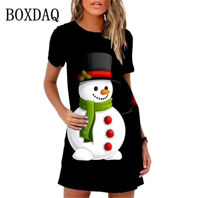 Fashion Christmas Snowman Digital Printed Women's Clothing Kawai Sweet Cartoon Short Sleeve New Summer Casual Dress