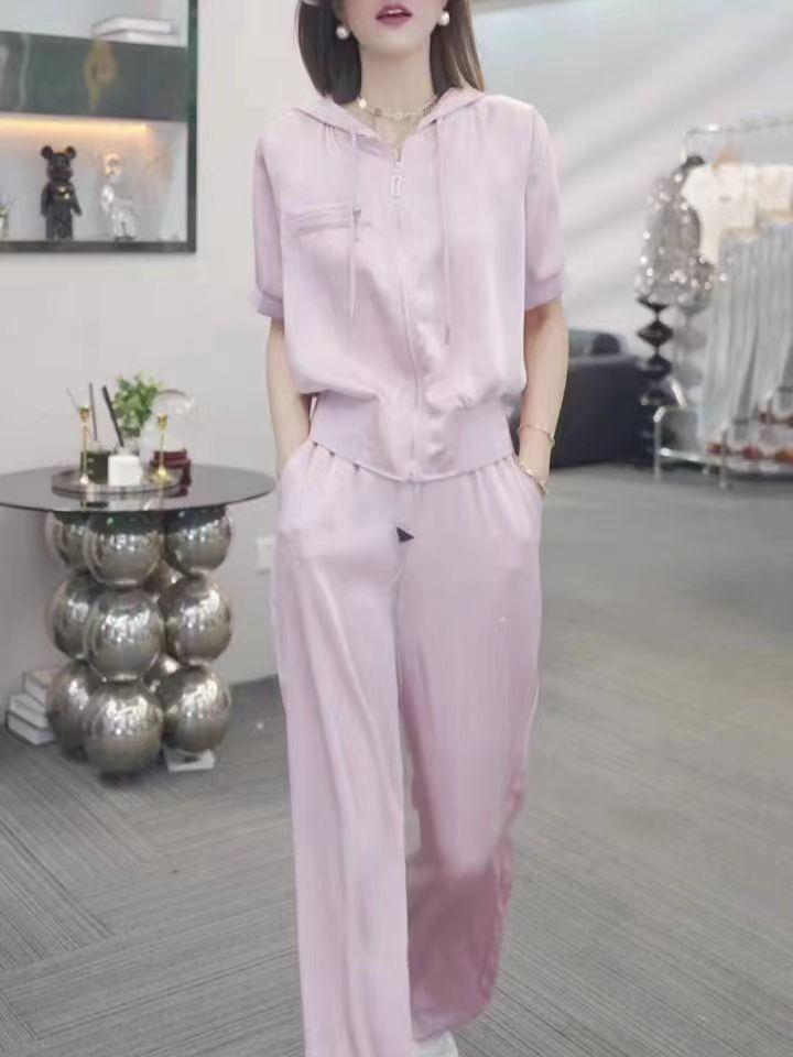 Korean Style Women's Two-Piece Summer Set: Waist-Slimming Hooded Cardigan & Straight-Leg Long Pants.