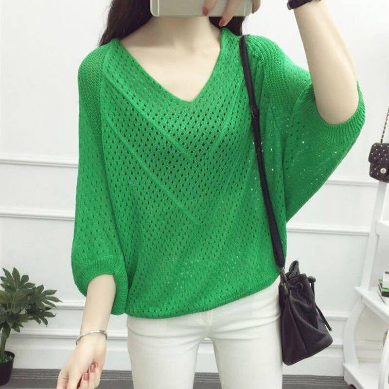 Spring Top Women's Loose Nail Beaded Mid Sleeve Sweater Base Shirt Spring/Summer Thin Hollow Knitted Sweater