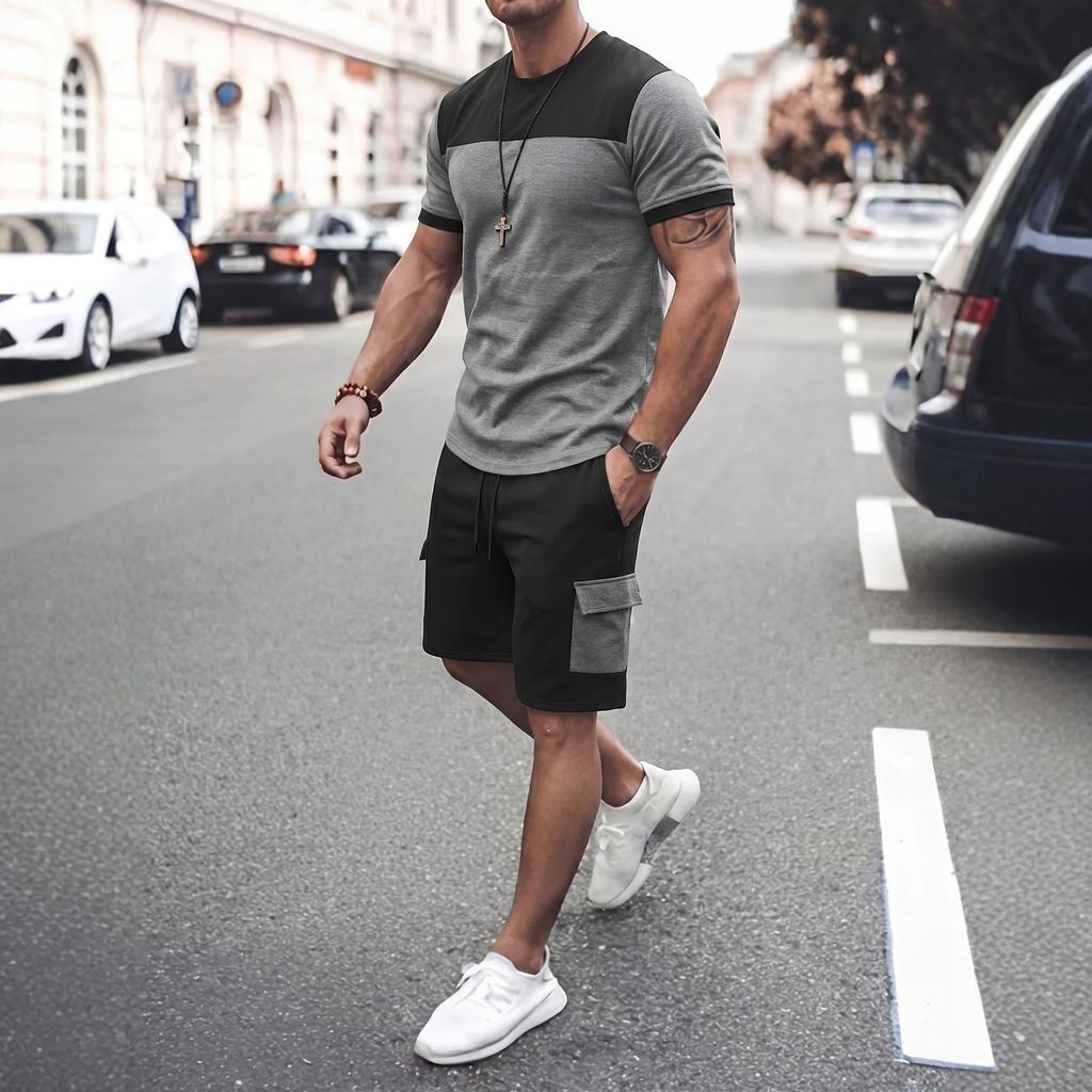 Men Color Block Casual Round Neck Short Sleeve T Shirt Cargo Shorts Two Piece Set
