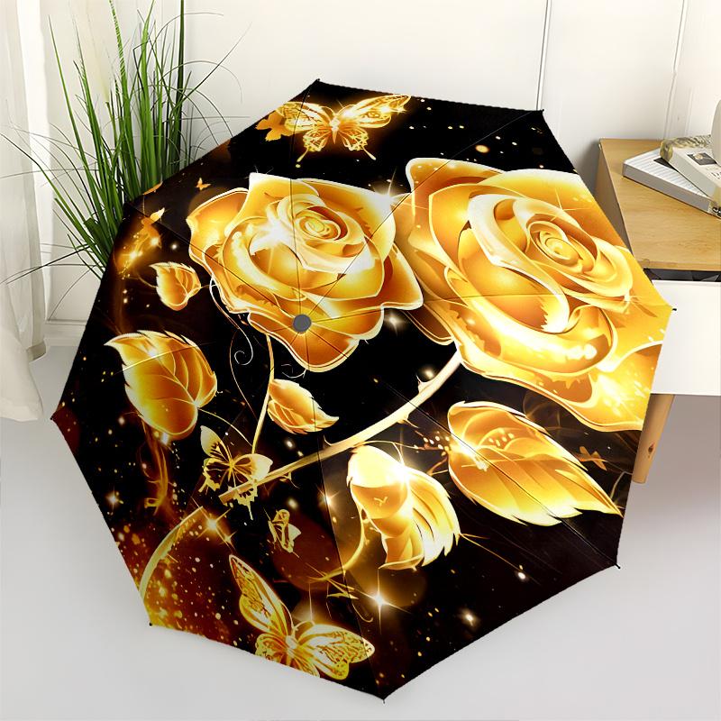 

Golden Roses Butterflies Theme 8 Bone Hand Automatic Folding Umbrella, Compact and Portable Design, A Perfect Gift for Birthday, Christmas o