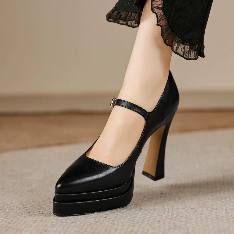 

Thick-soled waterproof table, pointed head, shallow mouth, high-heeled single shoes, one-word buckle belt, new temperament fashion, thin heel Mary Jan 40