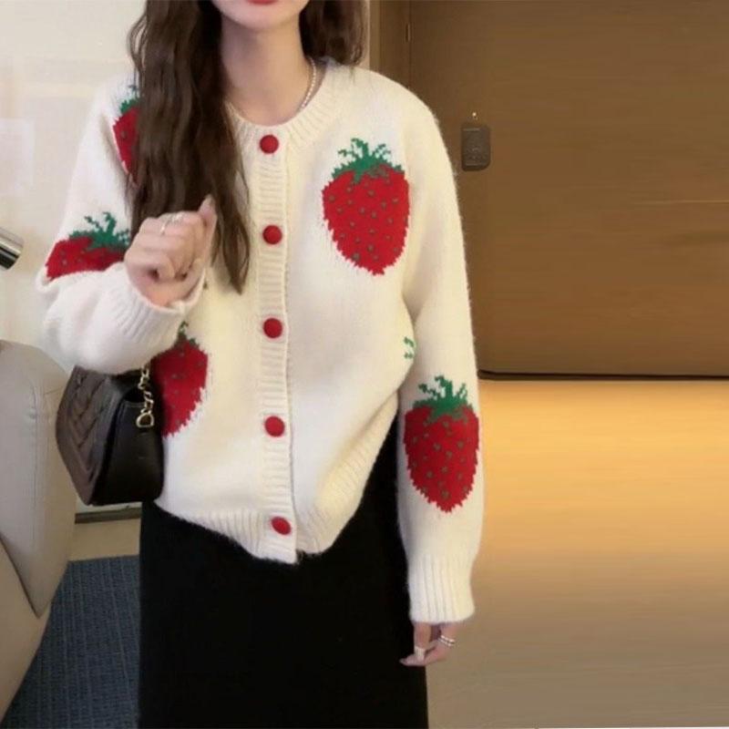 Sweet Aged Strawberry Embroidered Sweater Coat Women Winter Vintage O Neck Contrast Knitted Cardigan Sweater Female Tops