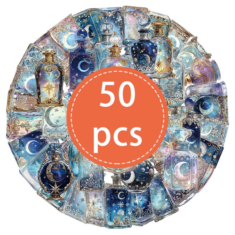

50PCS Magic Moon Stickers Vintage Glass Bottle Sticker Transparent PET Magic Potion Decals for Scrapbook, Journals, Stationery